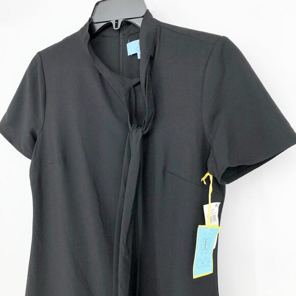 CECE Ruffled Bow Neck Mini Dress 10 Black Short Sleeve Fit & Flare NWT - Picture 7 of 13